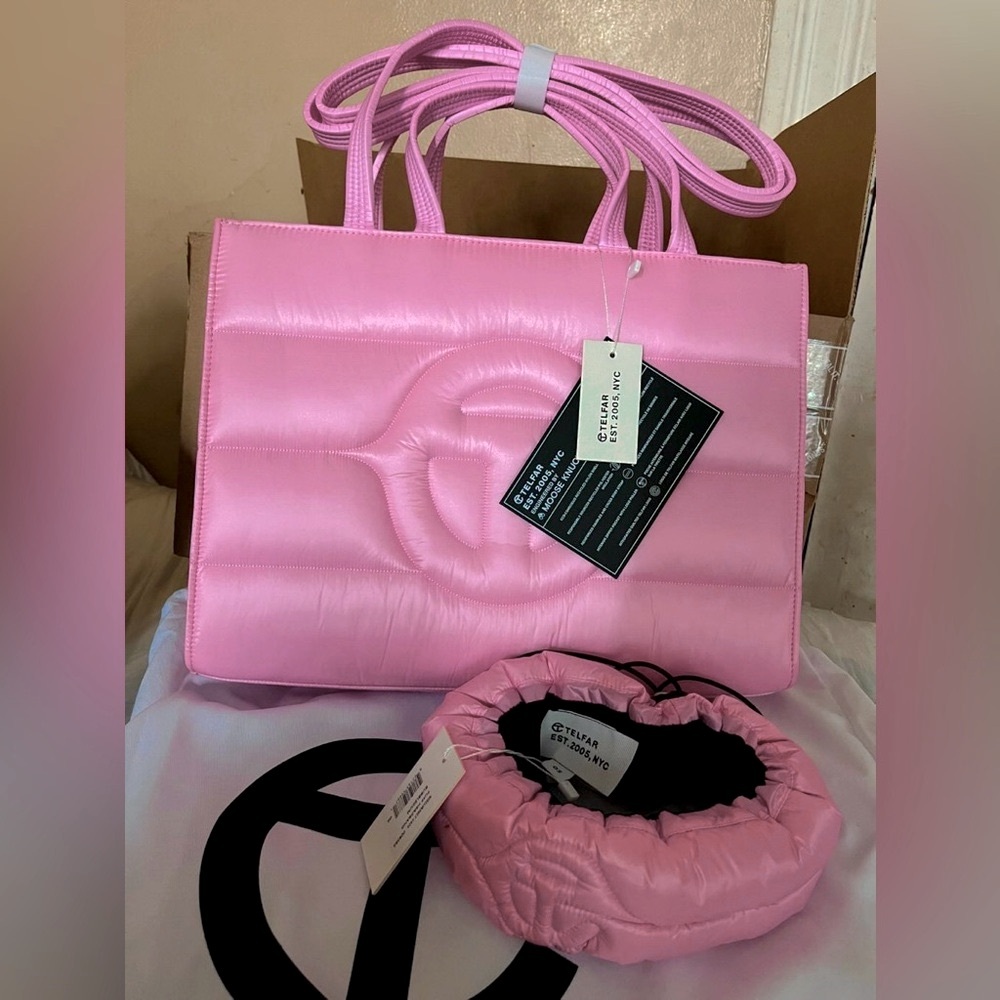 Brand new authentic bubble gum pink telfar puffer with matching headband